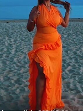 Women's Orange Ruffle Wrap Dress